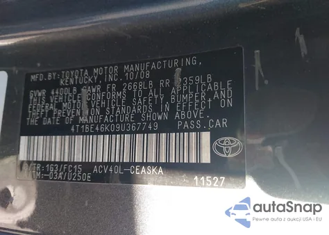 2009 Toyota Camry Se z USA, uszkodzony, nr VIN 4T1BE46K09U367749